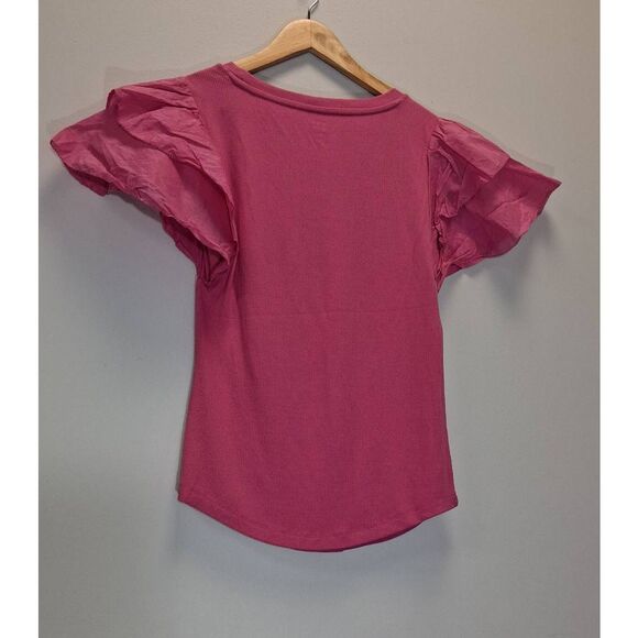 Gap womens medium ruffle flutter pink sleeve ribbed tshirt top - Picture 6 of 9